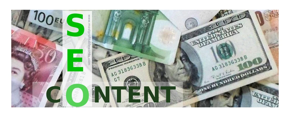  SEO Content words on a background of scattered dollars and euros