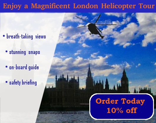 Alt:Helicopter overflying London and copy offering a new type of London tour to product-aware prospects